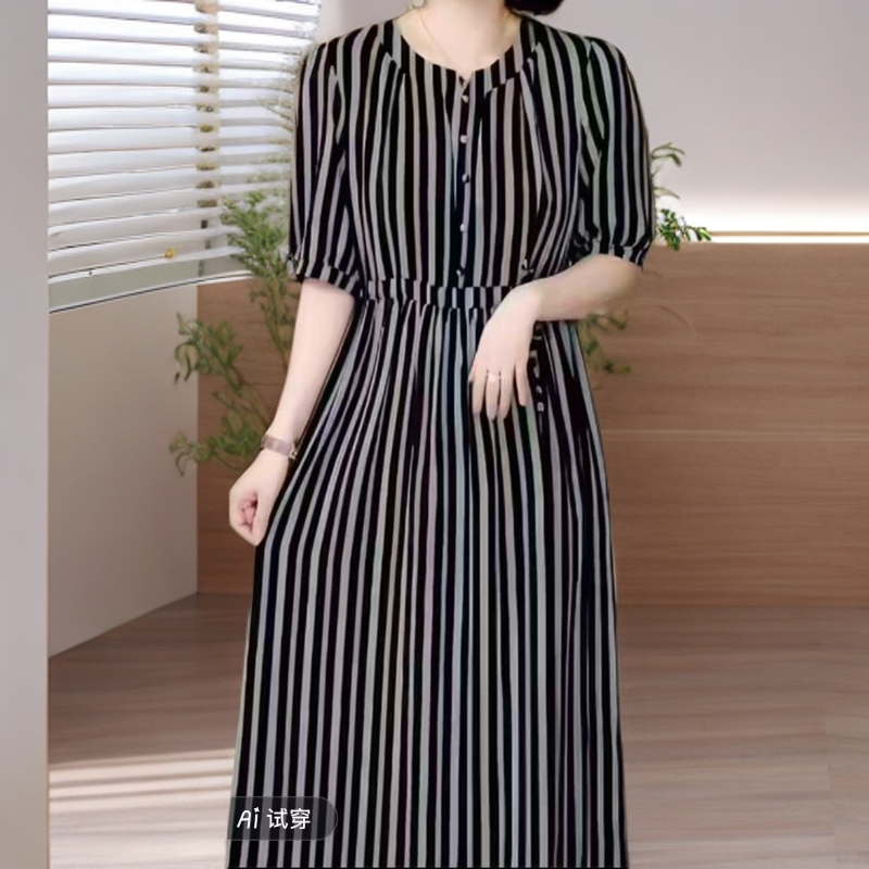 999（条纹）高端订制连衣裙 休闲女士夏季复古宽松