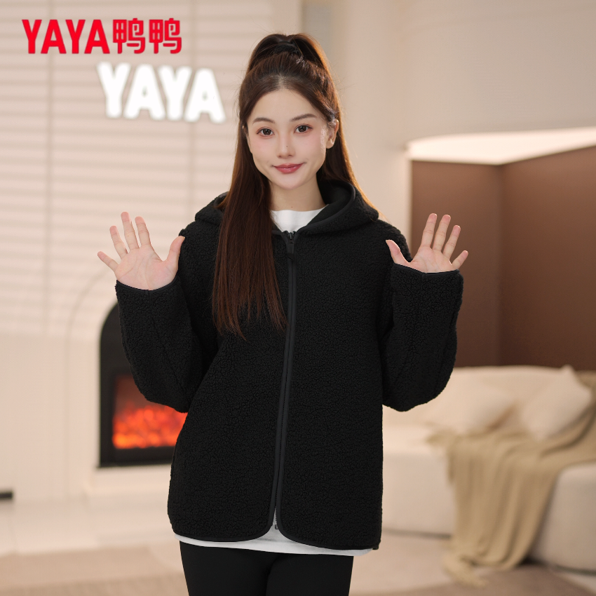YAYA/鸭鸭新国标90绒长袖短款时尚百搭糕糕毛宽松外套YF5P601365H