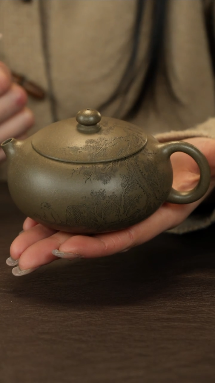 【闪购商品】紫砂茶壶直播福利李建军青玉段砂扁西施刻秋江渔隐图
