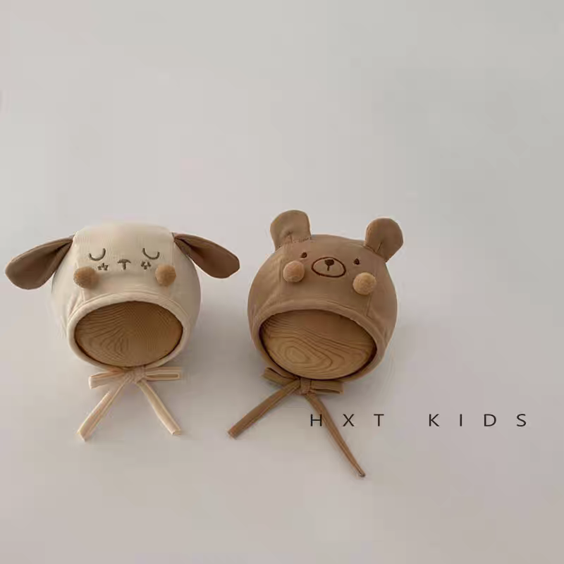 婴儿护耳帽春秋季薄款超萌可爱系带小熊套头帽婴幼儿宝宝保暖帽子