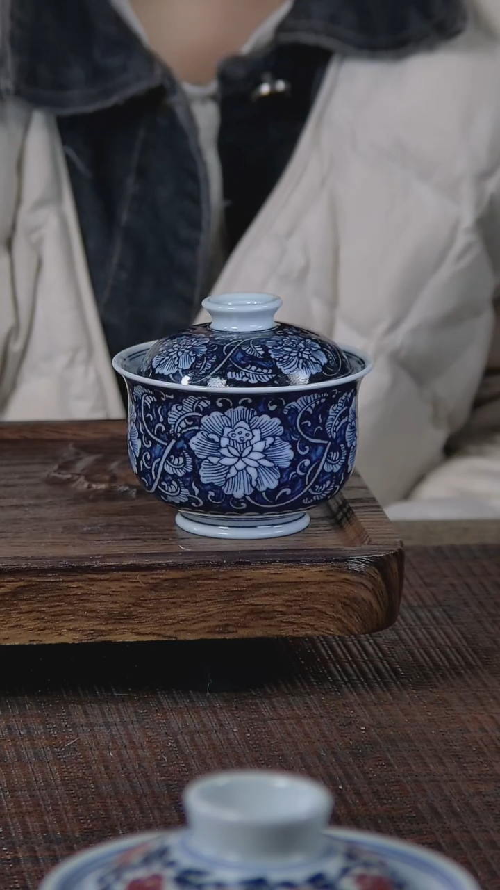 【闪购商品】折葵非器手工手绘蓝底万花盖碗