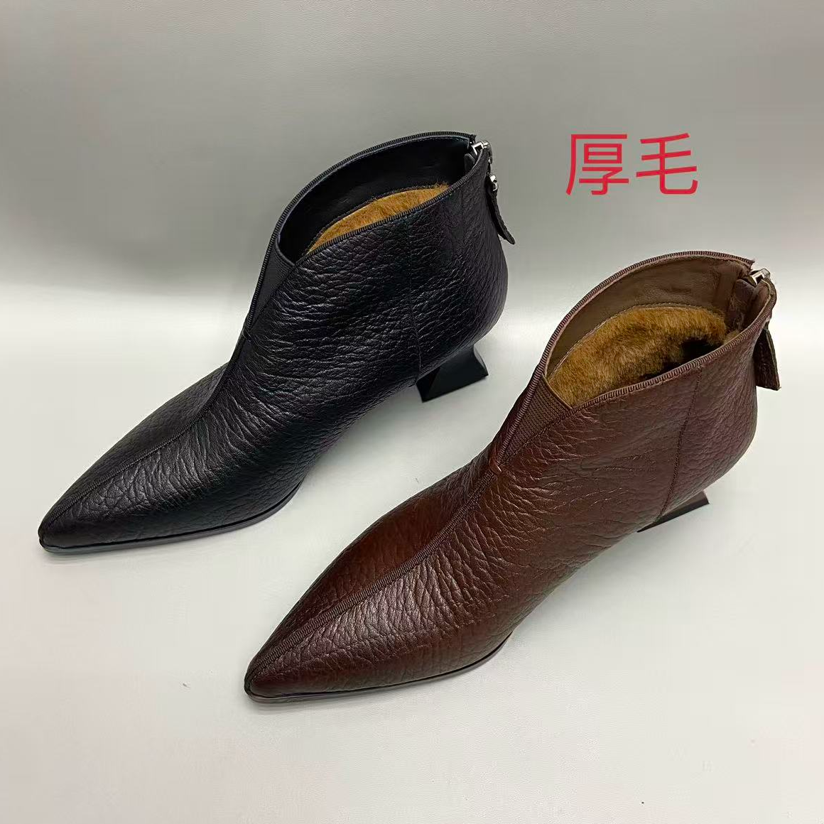 真皮短靴3公分粗秋冬羊皮短靴气质尖头短靴 鞋子女款爆款2025新款