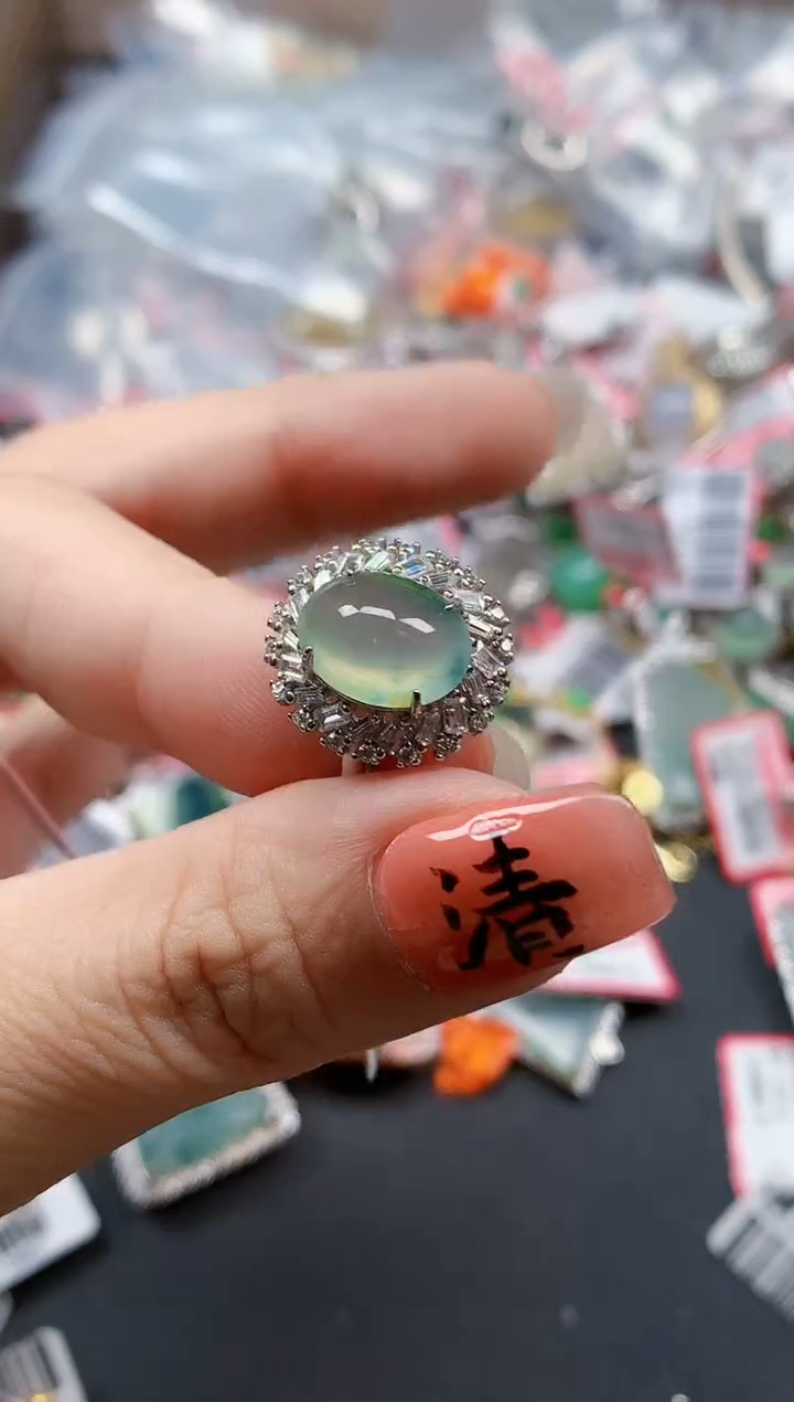 银S925镶嵌戒指翡翠天然A货缅甸翡翠