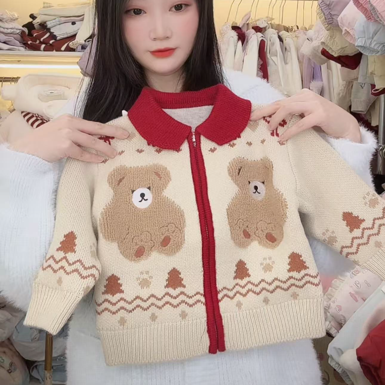 【谷谷家】两只小熊德容蚕丝开衫毛衣