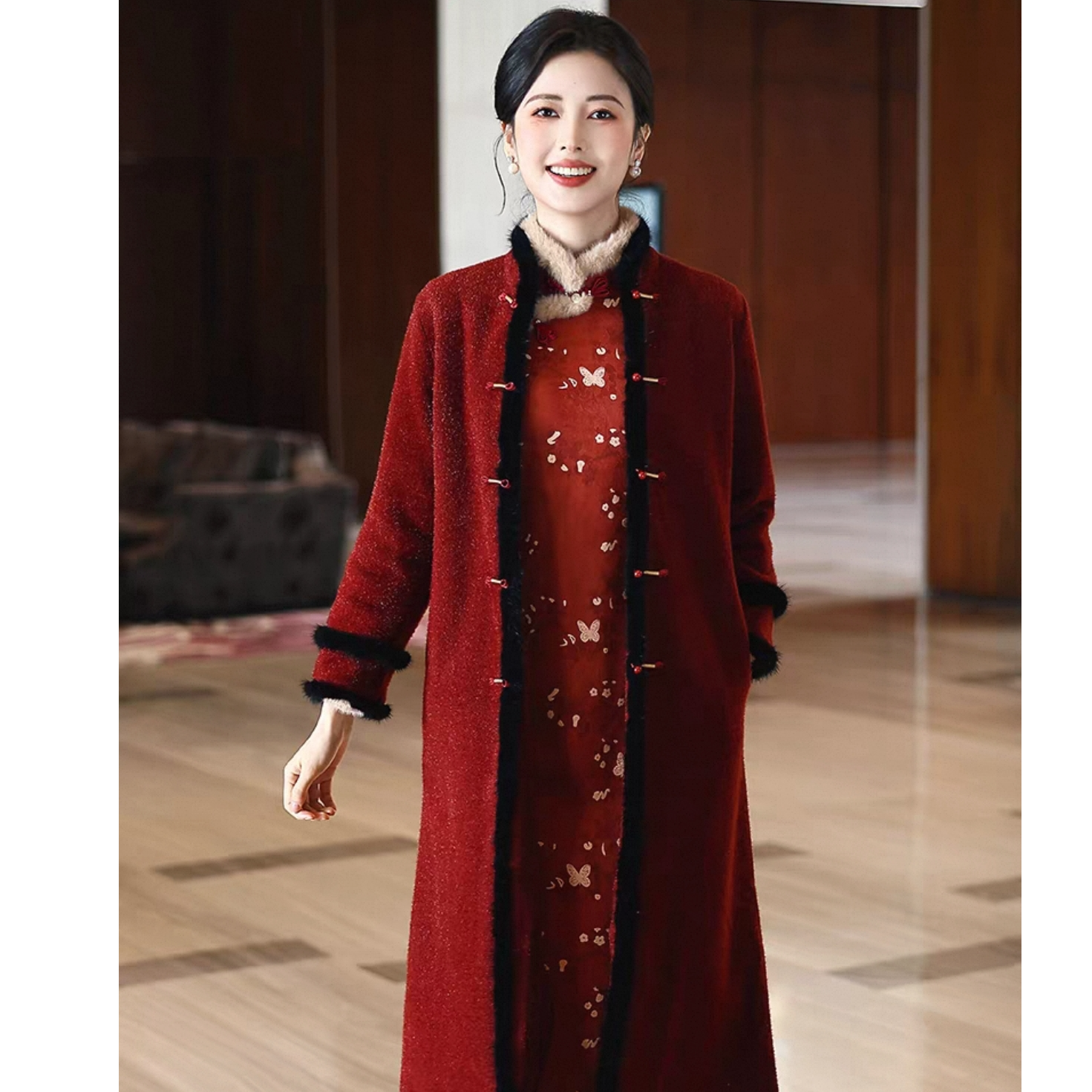 LDDJ-冬款三色水D绒开襟加厚国风旗袍外套