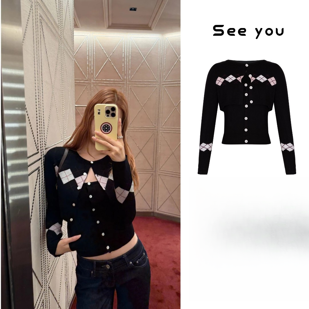 菱格秋季复古单排扣吊带上衣显瘦短款针织开衫两件套A1611