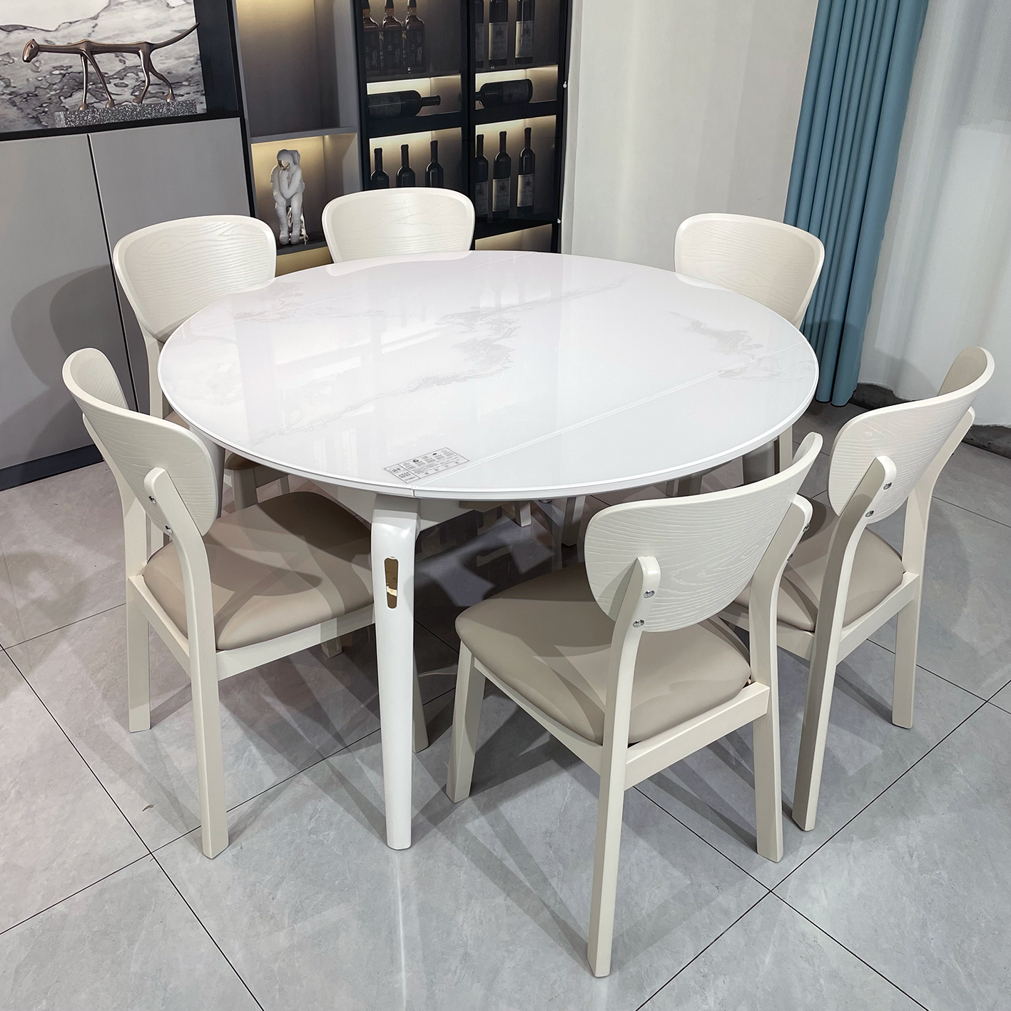 奶油风餐桌家用餐桌方圆两用可伸缩餐桌流晶石餐桌小户型餐桌