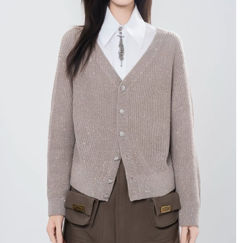 【商场同款】V领针织开衫2025秋季新款时尚简约单排扣外套女548036