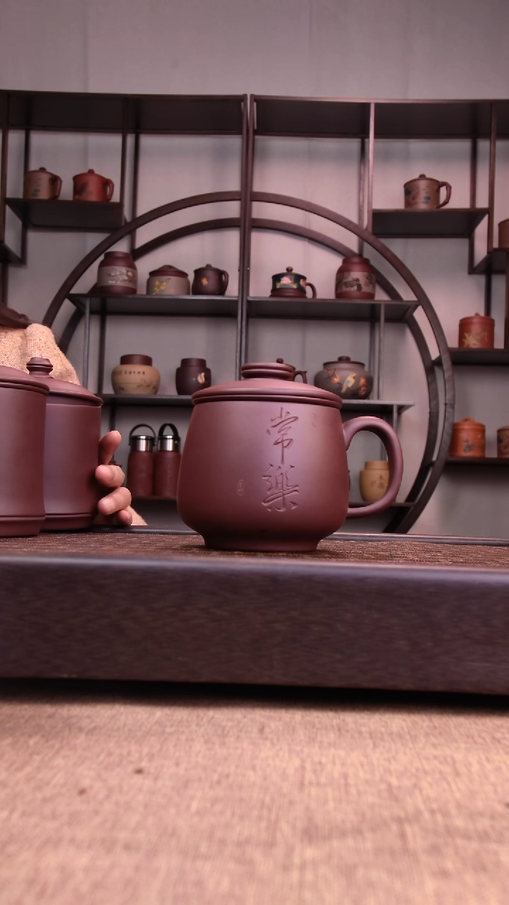 茶杯紫砂手工刻绘常乐三件套350-400CC容量