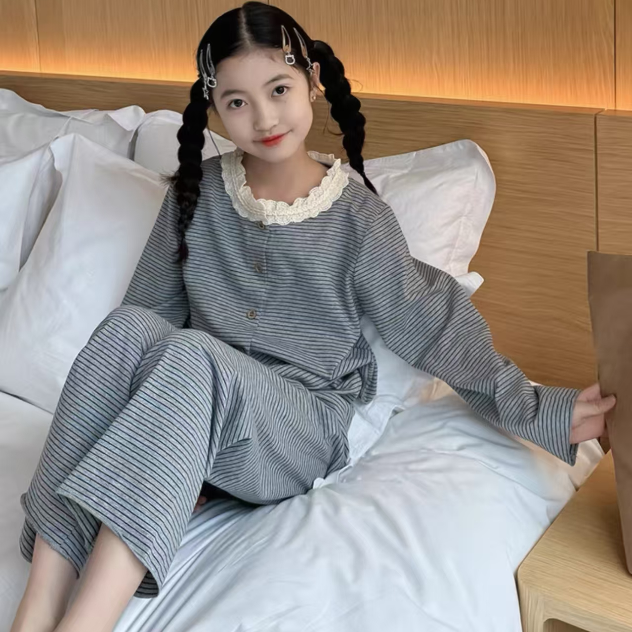 女童纯棉开衫睡衣家居服套装2025新款垂感蕾丝条纹韩版甜美空调服