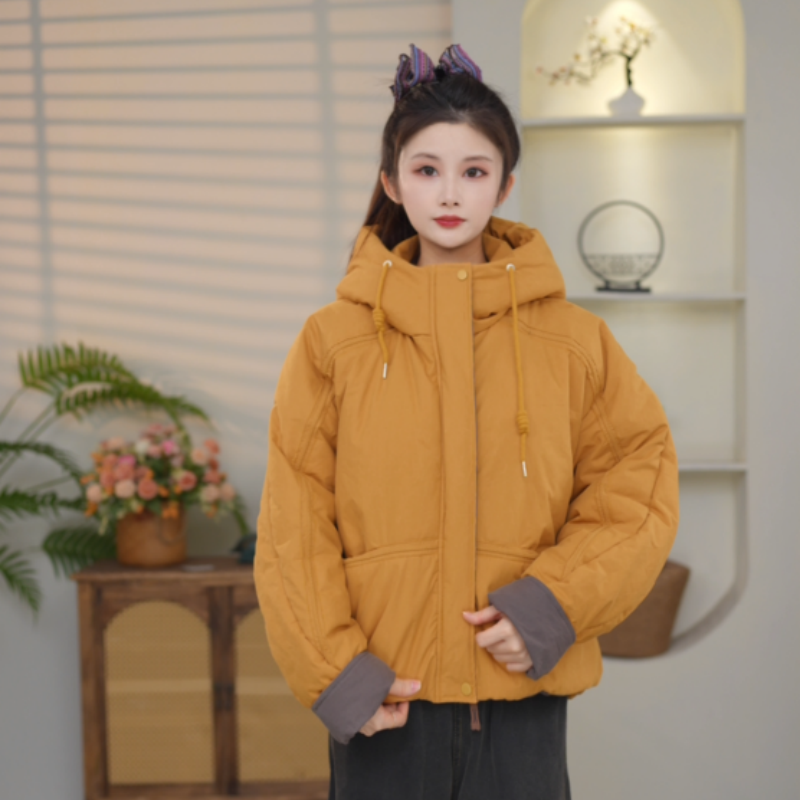 秋冬季新款高支棉保暖加厚款时尚百搭拼色连帽设计女士棉衣棉服