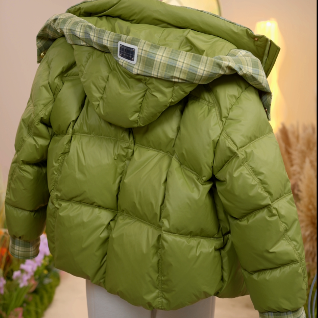 NX--甄选朵绒原创高端绿色格纹拼接羽绒服百搭