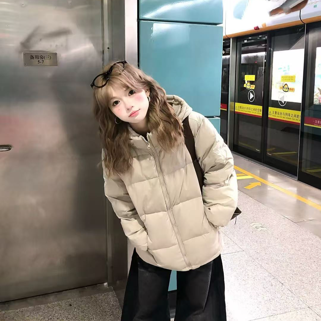 棉服女2025年冬季新款韩系加厚连帽小个子纯色学生短款棉衣外套潮