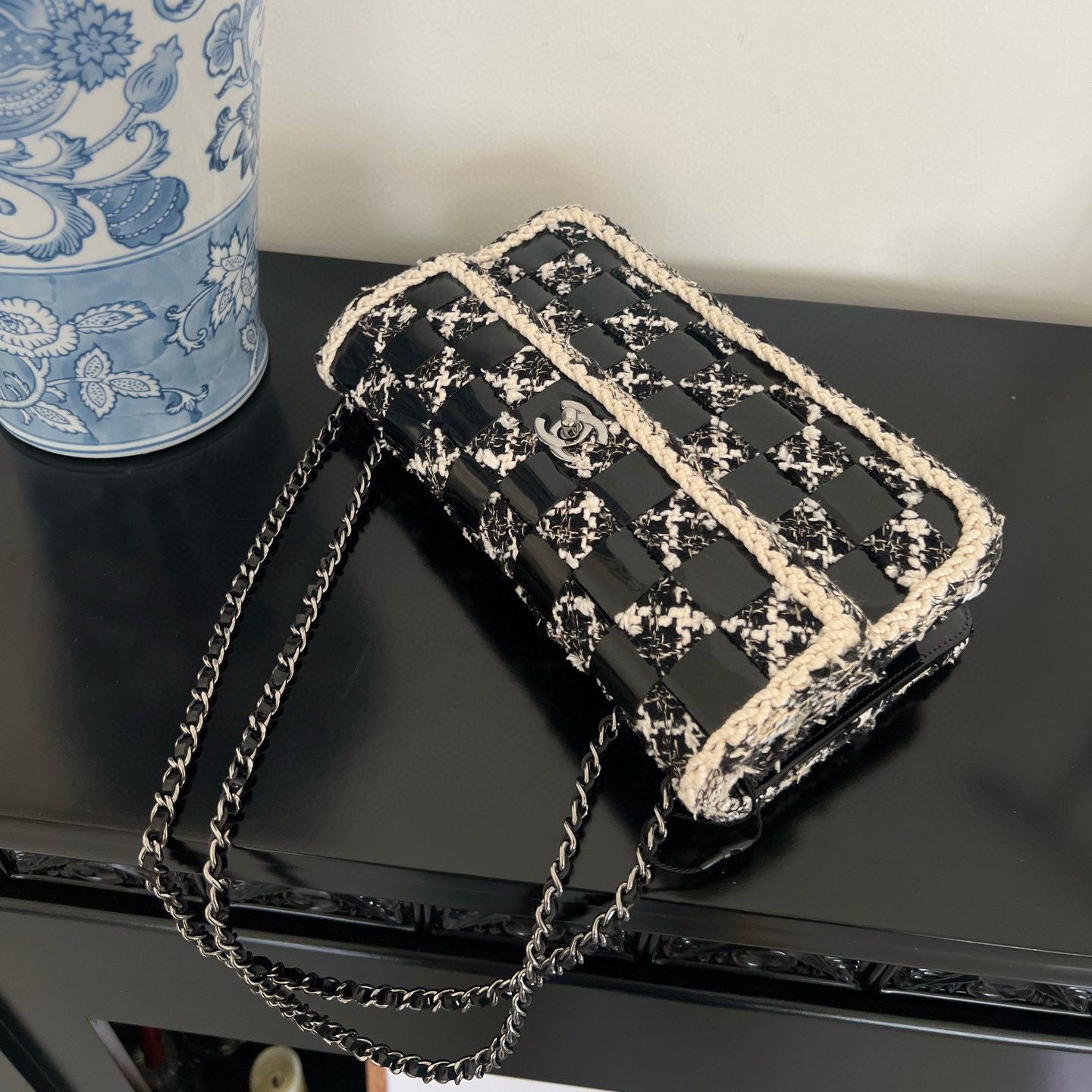 95新 Chanel/香奈儿 千禧一代-粗花呢黑白拼皮单肩斜挎包4294119