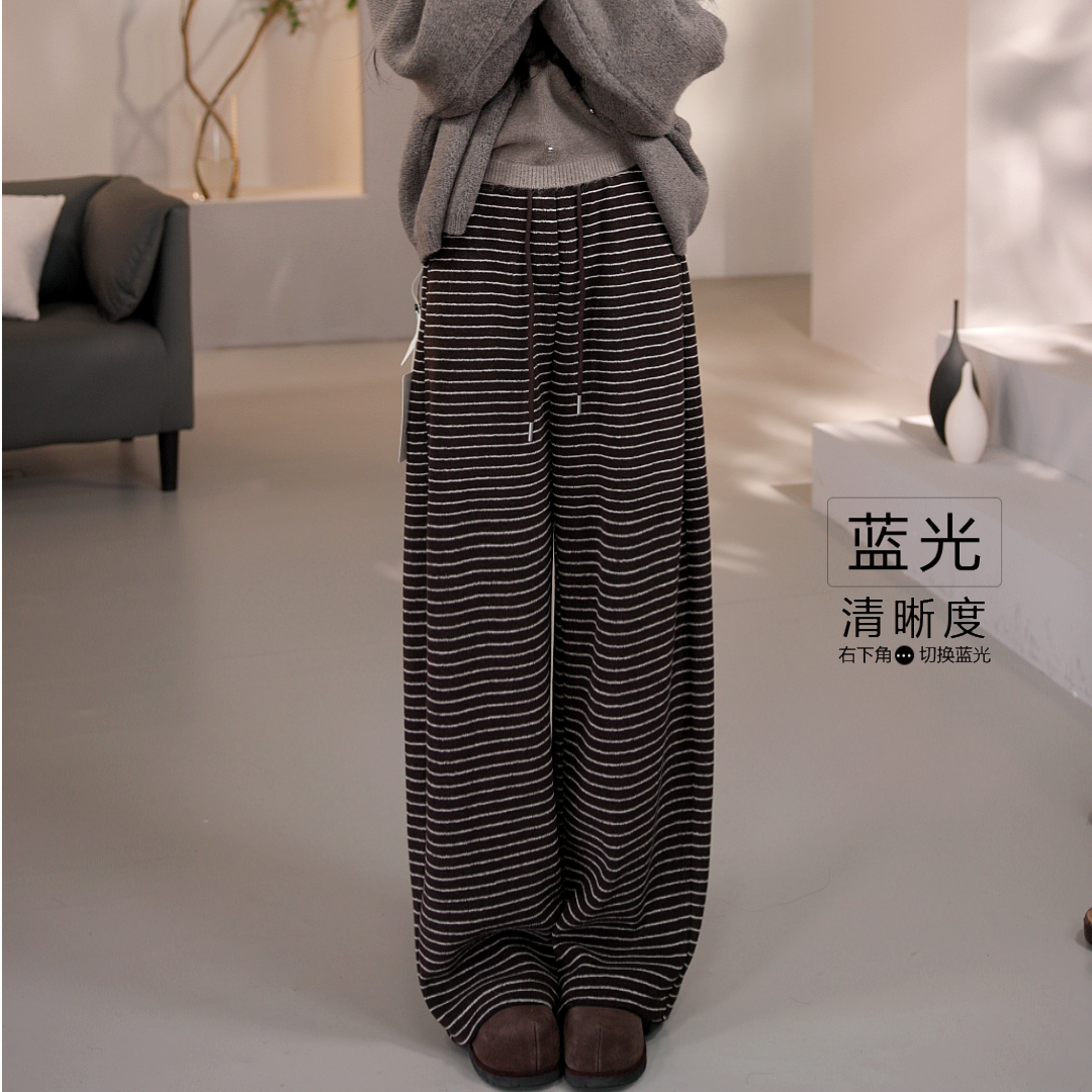 【SHISHI】条纹加绒加厚休闲裤女秋冬新款高腰抽绳直筒长裤5509