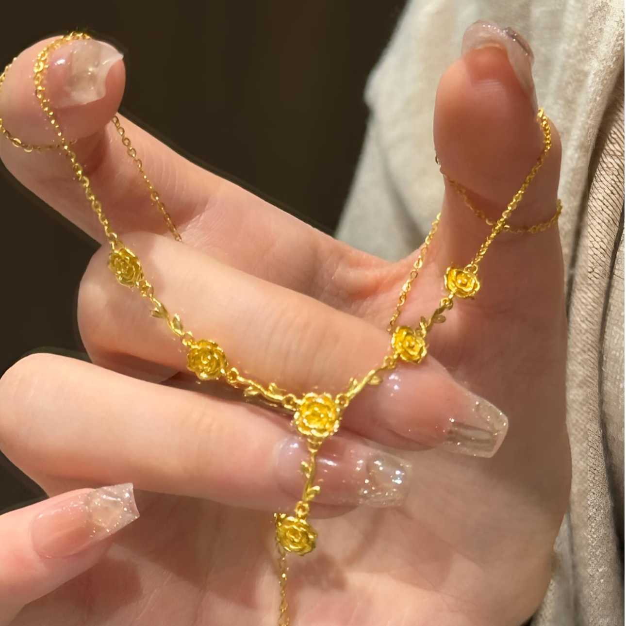 链子足银 轻奢玫瑰花套链不掉色小众法式金色套链气质中古复古