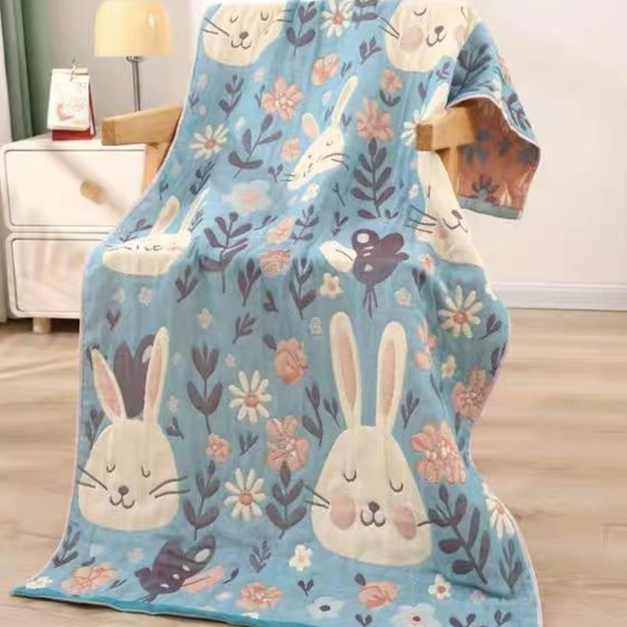 纯棉纱布浴巾--花朵微笑兔柔软高档成人家用大号吸水加大速干-3