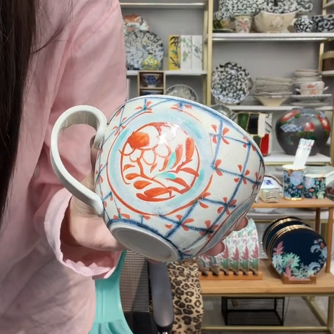 【单支】日本进口宗山家手绘陶瓷高款早餐杯400ml-赤绘间取花