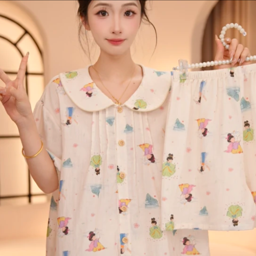 VINEEMAN【娃娃糖心】睡衣棉质春秋女睡衣常规条纹印花舒适