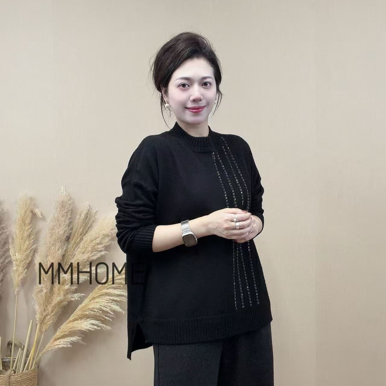 946 MM Factory  黑色长袖休闲风冬季毛针织衫打底衫套头羊毛衫