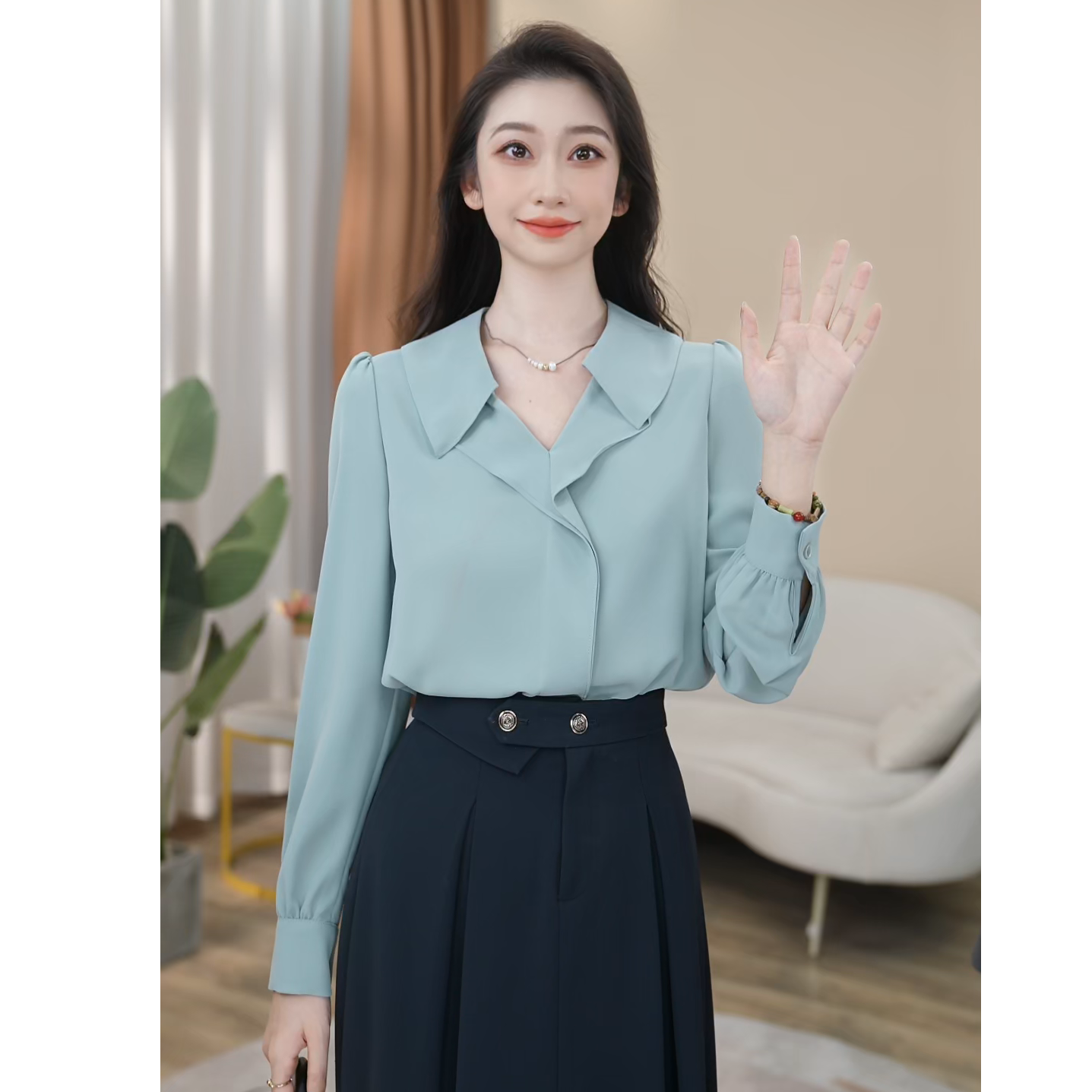 【曼贝】长袖衬衫女设计感小众轻熟宽松气质减龄衬衣8492102【甜甜】