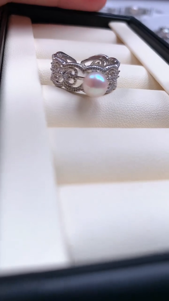 【闪购商品】海水珍珠戒指银S925镶嵌爱心蕾丝珍珠戒指