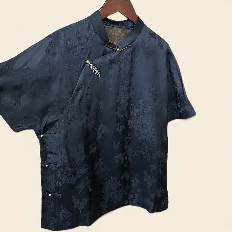 【麦穗】新中式复古斜襟简约百提花黑色立领上衣