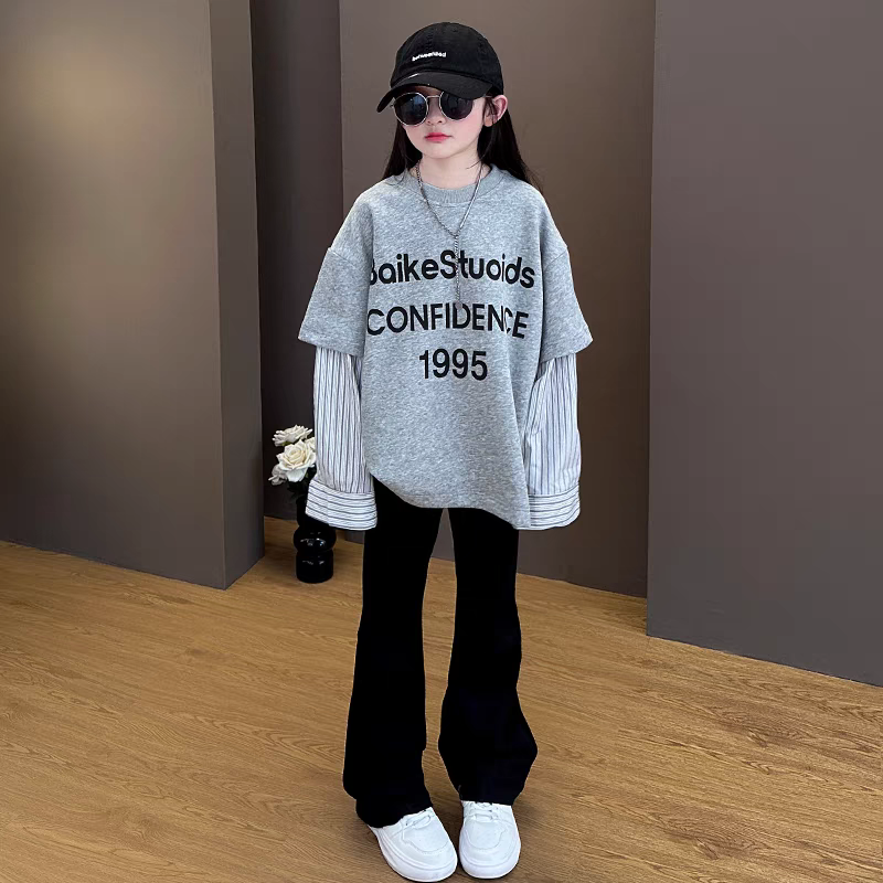 女童套装春装2025新款休闲假两件长袖上衣微喇裤套装女孩时髦洋气