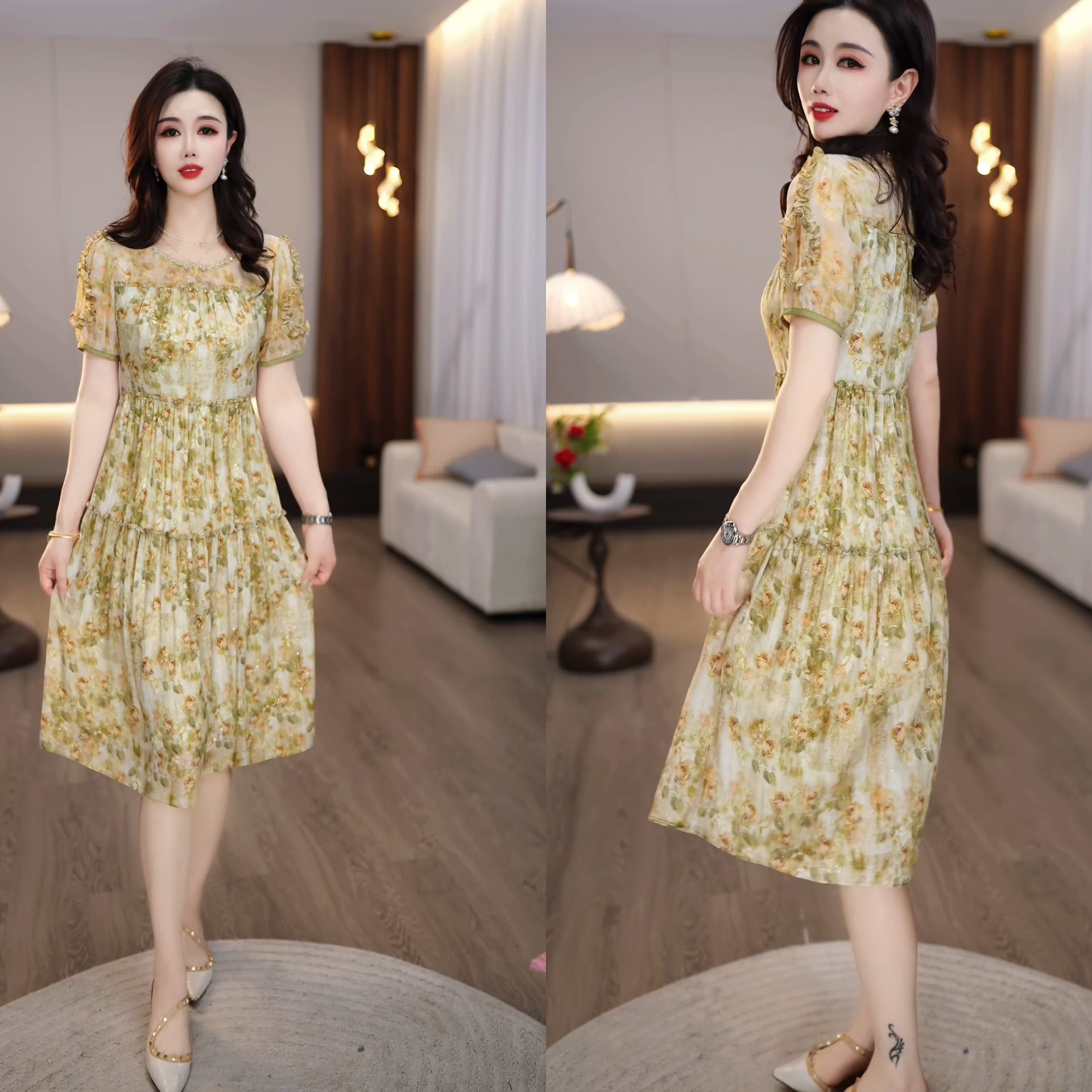 2025夏款绿色水墨晕染花卉蛋糕裙活力减龄显瘦女士连衣裙M-4XL