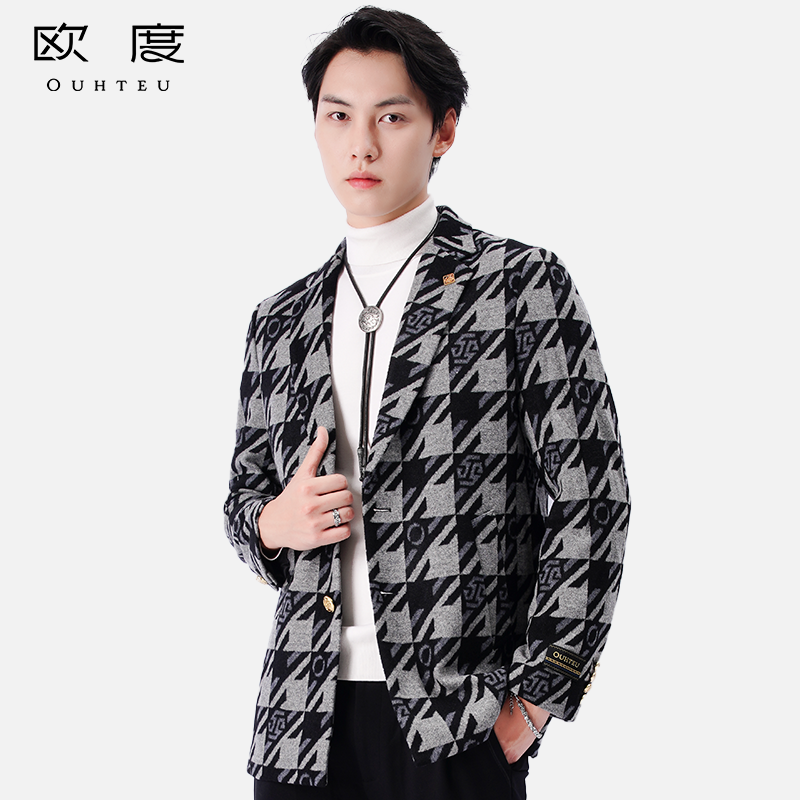 OUHTEU/欧度【针织千鸟格】秋冬季男千鸟格品牌logo休闲外套4207