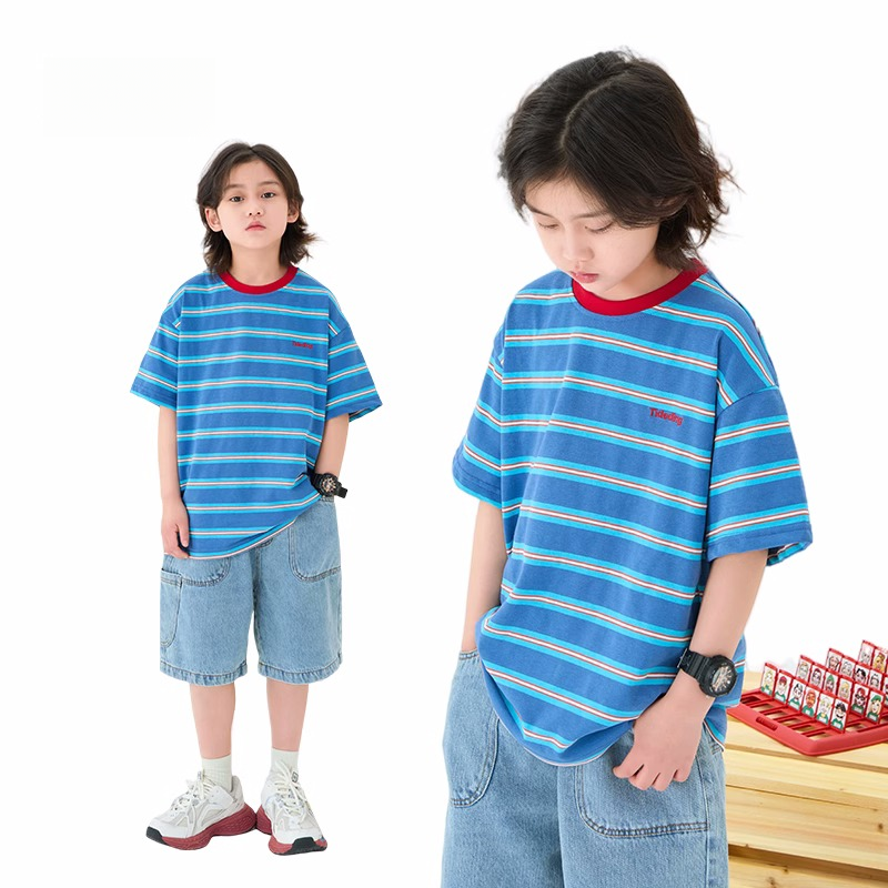 2025新款男童短袖T恤夏季中大童条纹短袖休闲打底衫洋气儿童25144