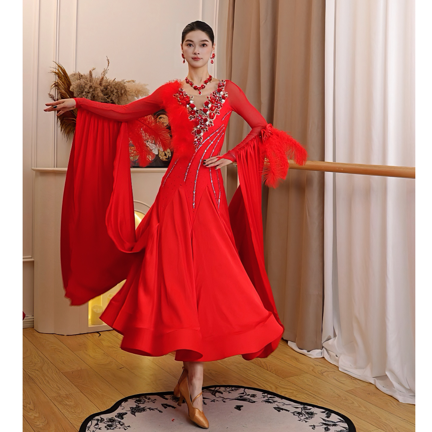 薇拉专业国标新款重工满钻摩登舞赛服红色火鸡毛赛服LY122