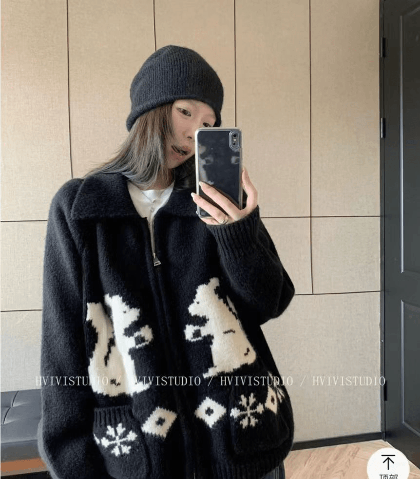 【清仓＋现货】韩系慵懒小松鼠提花毛衣外套韩系宽松针织开衫外