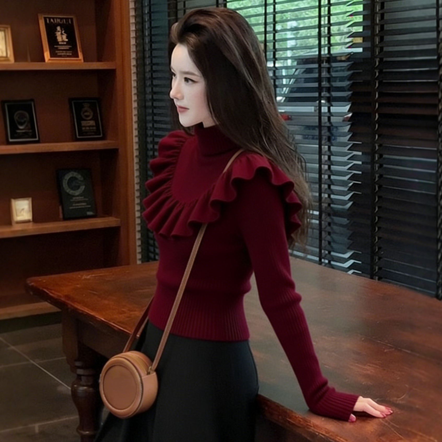 2025韩系秋冬绝美时尚温柔气质百搭高级感红色荷叶边针织衫上衣女