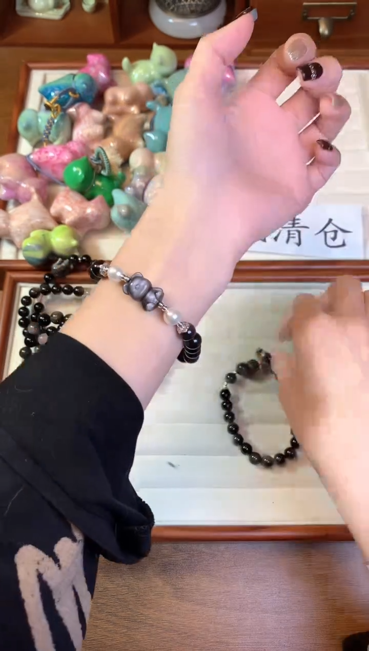 【闪购商品】黑曜岩手串未镶嵌银曜石单圈-小熊款