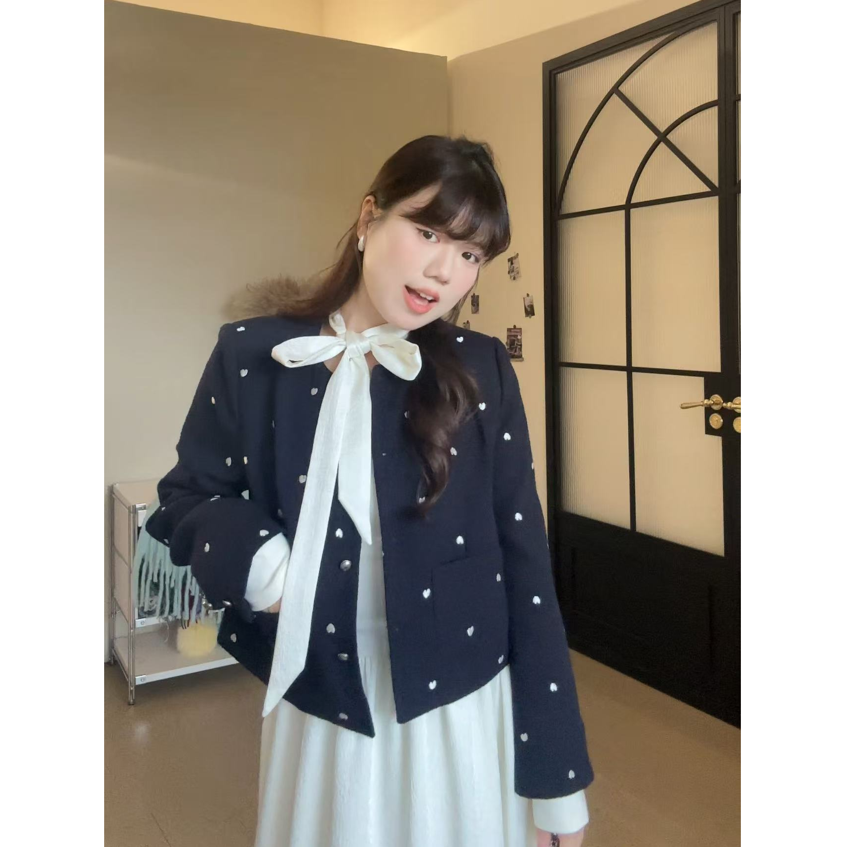 米米子“巴黎心绪”可拆卸领口小香爱心刺绣外套气质时尚秋季新品女
