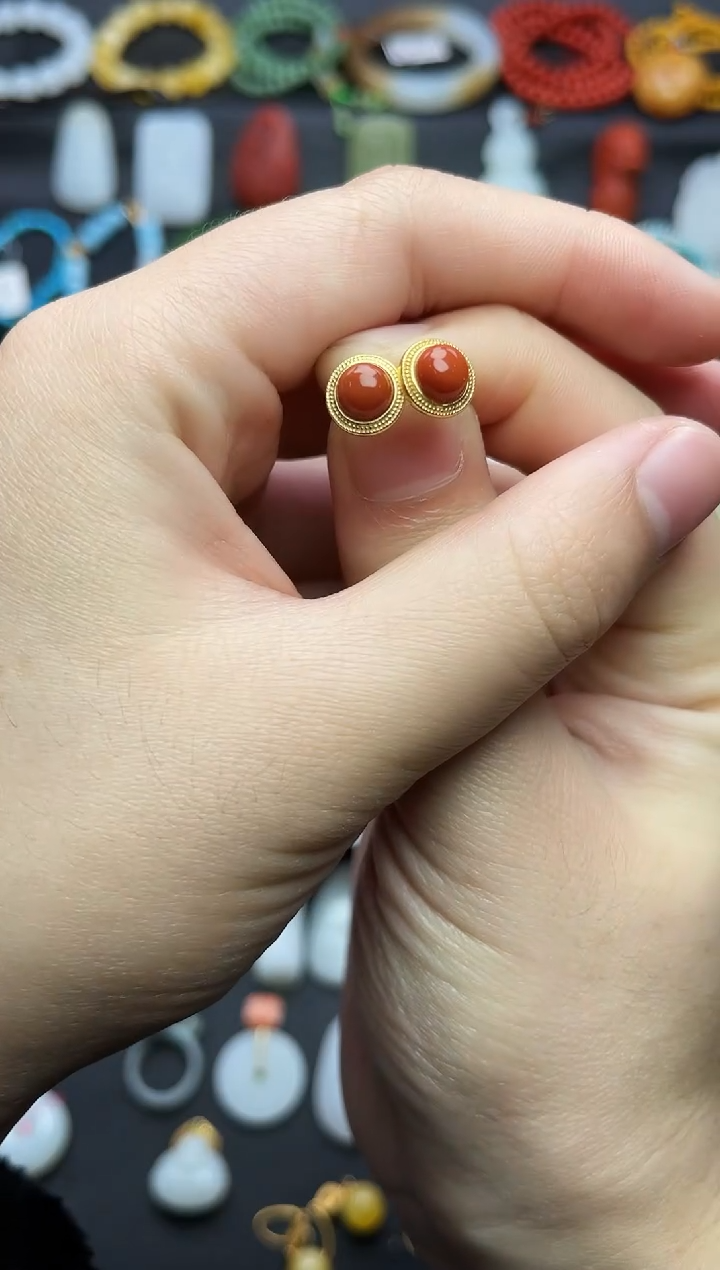银S925镶嵌耳饰南红玛瑙蛋面耳钉06