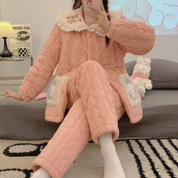 小兔子厚款冬季几何图案睡衣家居服套装卡通秋冬季韩版加绒保暖