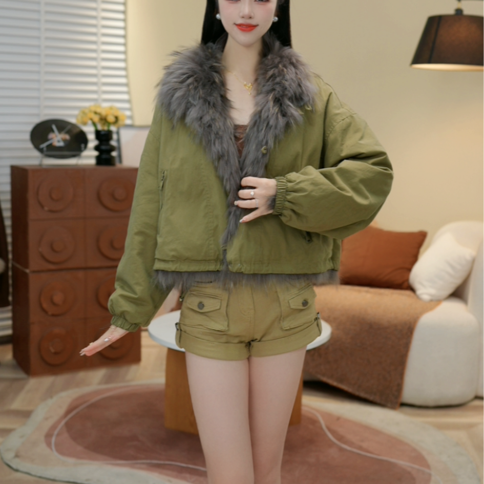 宽松型冬季上衣拼接常规复古港风短外套网红-122-恋恋-灰色毛毛款