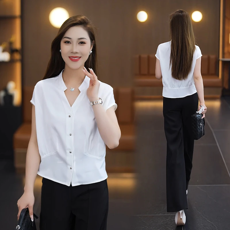 时尚v领t恤女2025夏季新款气质百搭设计感小众洋气显瘦短袖上衣