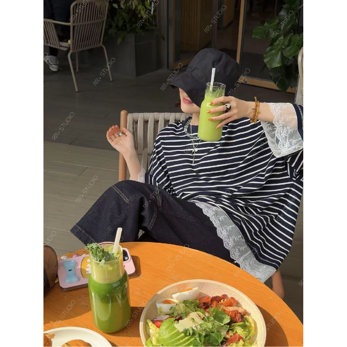 23665设计感蕾丝边拼接条纹短袖T恤女宽松百搭圆领上衣