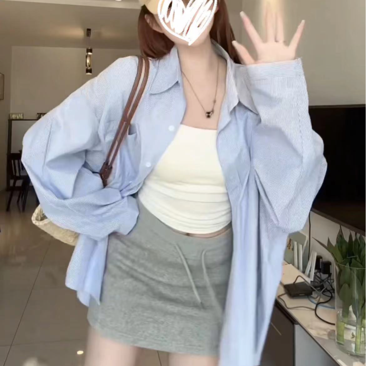 2025春夏新款韩系慵懒风宽松中长款防晒衬衫时尚百搭短裙美背套装