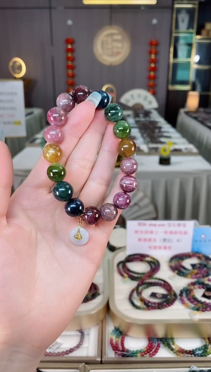 未镶嵌老矿碧玺色标彩虹单圈手串12mm+碧玺多样性发一条mz