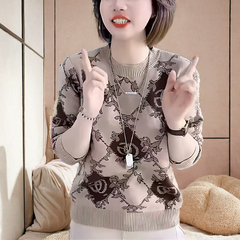 秋冬加绒高级感重工工艺春秋欧货圆领花色卫衣女时尚宽松打底上衣