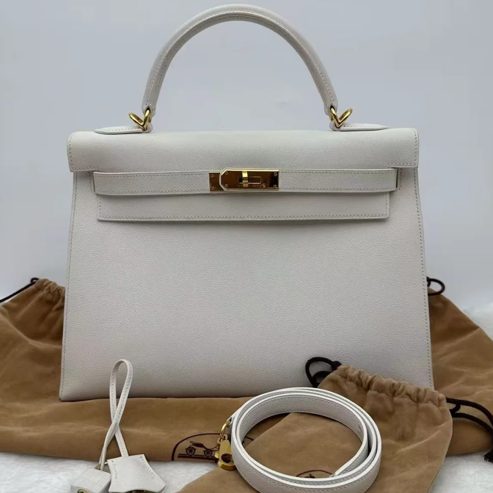 99新 Hermes/爱马仕 小花Jerry Kelly32 纯白金扣 ec皮 框D单肩包