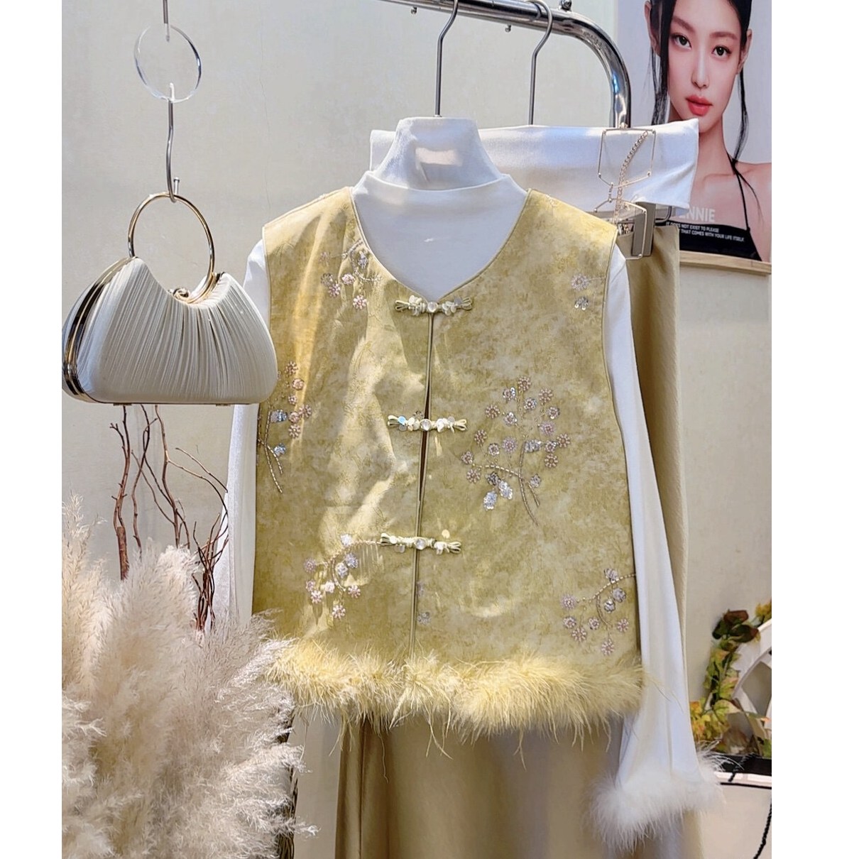 【加棉加厚+毛毛可拆卸】新中式重工叠片钉珠提花马甲国风夹棉马夹