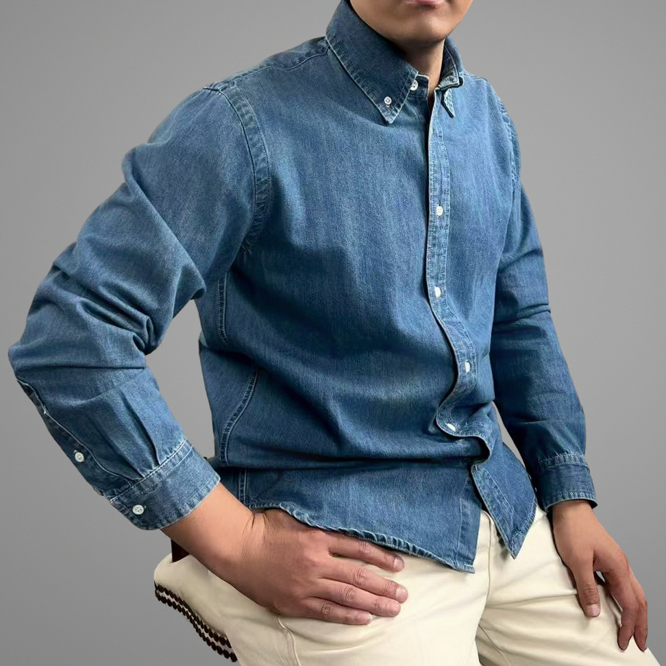 RL经典同款春秋纯棉水洗牛仔长袖衬衫男士百搭打底简约休闲女衬衣