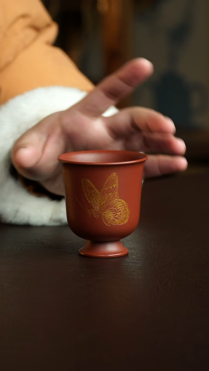 茶杯紫砂2号 朱泥手刻系列 宜兴紫砂原矿作品