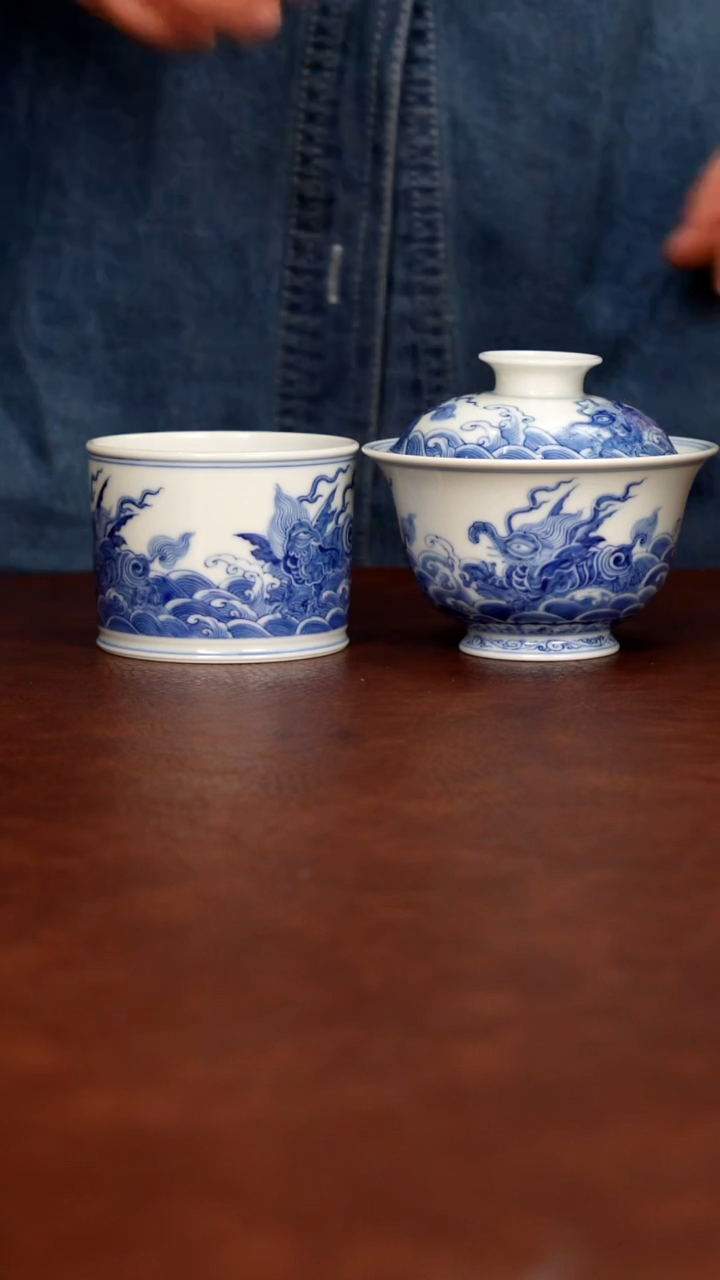 摆件陶多**爸景德镇瓷器，明成化青花瓷手绘茶具~