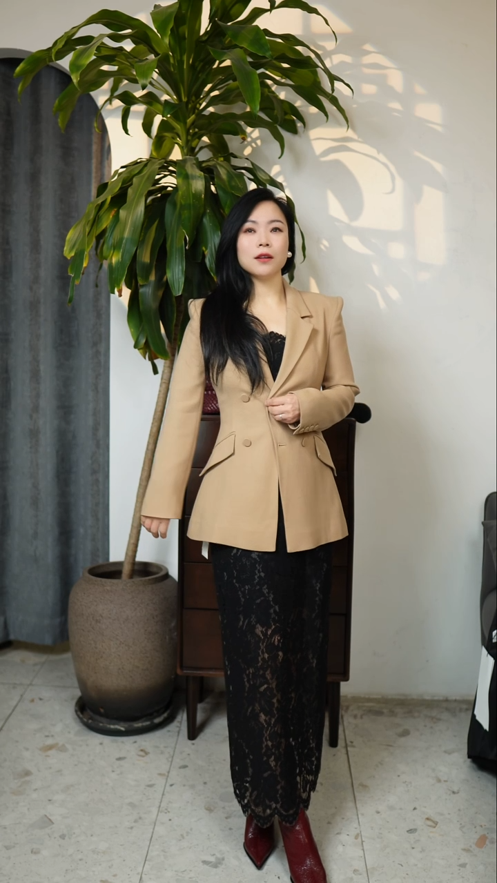 红典修身款羊毛西装上衣，驼色，S码（100斤）